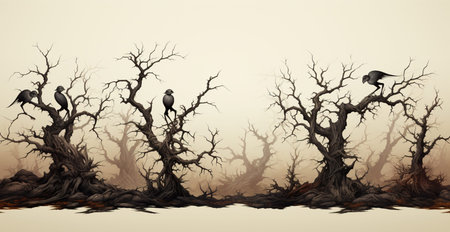 Gloomy misty forest, crooked scary trees AI generated imageの写真素材