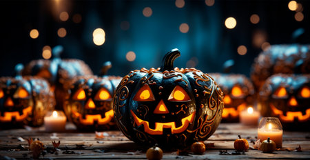 Close-up of carved pumpkins for Halloween, Feast of the Dead, Scary Night AI generated imageの写真素材
