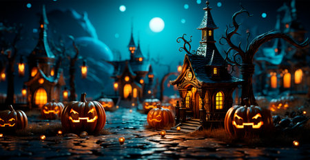 Close-up of carved pumpkins for Halloween, Feast of the Dead, Scary Night AI generated imageの写真素材