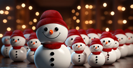 Winter holiday christmas background banner - Close-up of snowmen on snowy bokeh background - AI generated imageの写真素材