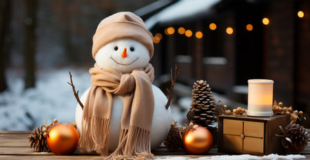 Winter holiday christmas background banner - Close-up of snowmen on snowy bokeh background - AI generated imageの写真素材