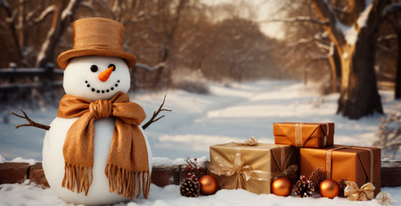 Festive New Years snowman, Christmas background postcard - AI generated imageの写真素材