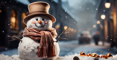 Festive New Years snowman, Christmas background postcard - AI generated imageの写真素材