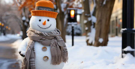 Festive New Years snowman, Christmas background postcard - AI generated imageの写真素材