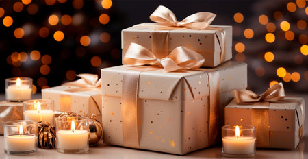 Beautiful Christmas gift box on bright bokeh background AI generated imageの写真素材