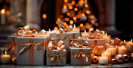 Beautiful Christmas gift box on bright bokeh background AI generated imageの写真素材