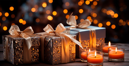 Beautiful Christmas gift box on bright bokeh background AI generated imageの写真素材