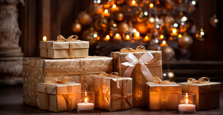 Beautiful Christmas gift box on bright bokeh background AI generated imageの写真素材