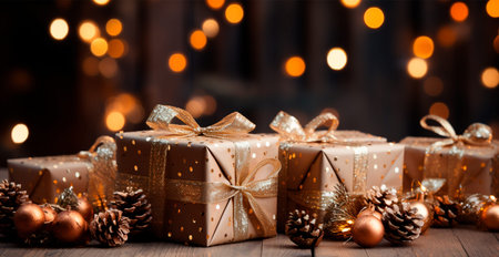 Beautiful Christmas gift box on bright bokeh background AI generated imageの写真素材