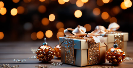 Beautiful Christmas gift box on bright bokeh background AI generated imageの写真素材