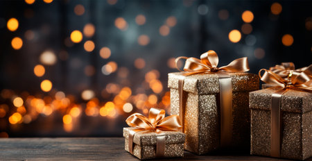 Beautiful Christmas gift box on bright bokeh background AI generated imageの写真素材