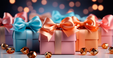Beautiful Christmas gift box on bright bokeh background AI generated imageの写真素材
