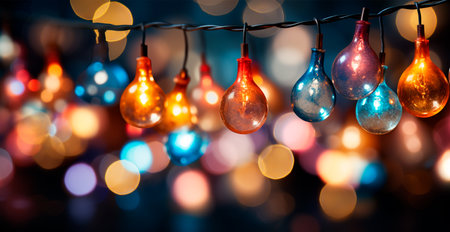 Festive bright colored Christmas garland on blurred bokeh background, New Year banner AI generated imageの写真素材