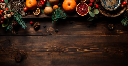 Festive New Year decorations, Christmas wooden background, advertising template AI generated image