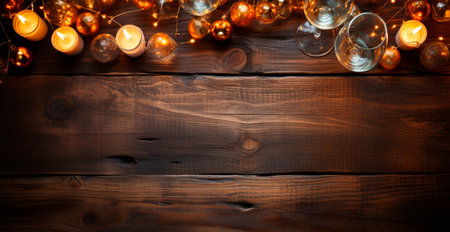Festive New Year decorations, Christmas wooden background, advertising template AI generated imageの写真素材