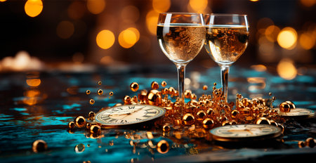 Glasses of champagne or sparkling wine in a festive atmosphere. Merry Christmas and Happy New Year AI generated imageの写真素材