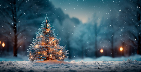 New Year holiday concept. Large Christmas tree decorated with balls and garland AI generated imageの写真素材