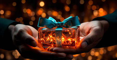 Hands holding a Christmas gift AI generated imageの写真素材