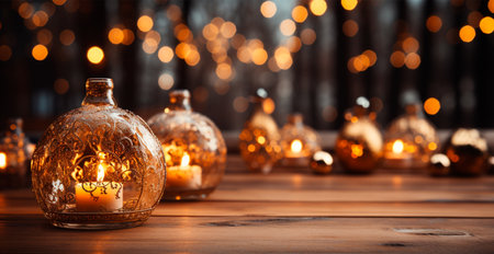 Christmas burning candle, blurred bokeh background, New Year AI generated imageの写真素材