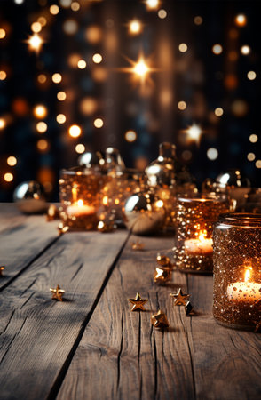 Christmas burning candle, blurred bokeh background, New Year AI generated imageの写真素材