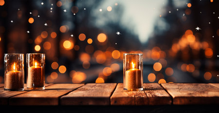 Christmas burning candle, blurred bokeh background, New Year AI generated imageの写真素材