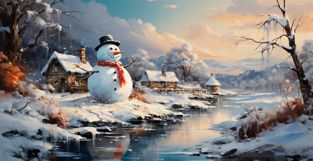 Festive New Year's snowman, Christmas background postcard AI generated imageの写真素材