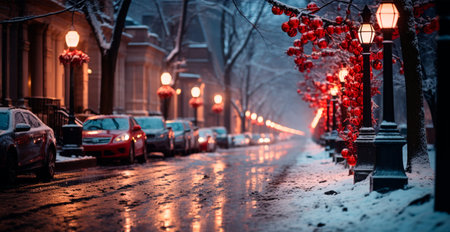 Night snowy Christmas American city Boston, New Year holiday, blurred background AI generated imageの写真素材