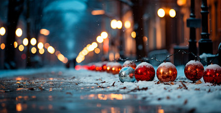 Night snowy Christmas American city Detroit, New Year holiday, blurred background AI generated image
