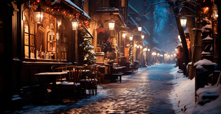 Night snowy Christmas Italy, New Year holiday, blurred background AI generated imageの写真素材