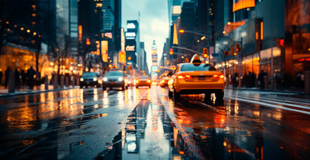 Night snowy Christmas American city New York, New Year holiday, blurred background AI generated imageの写真素材