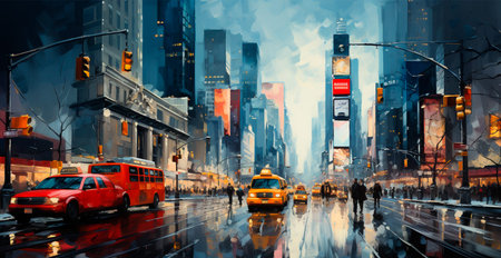 Night snowy Christmas American city New York, New Year holiday, blurred background AI generated...