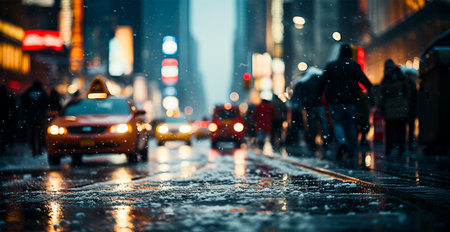 Night snowy Christmas American city New York, New Year holiday, blurred background AI generated...