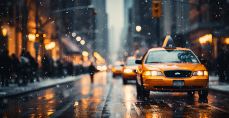 Night snowy Christmas American city New York, Manhattan area, New Year, blurred background AI generated imageの写真素材