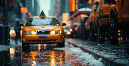 Night snowy Christmas American city New York, Manhattan area, New Year, blurred background AI...
