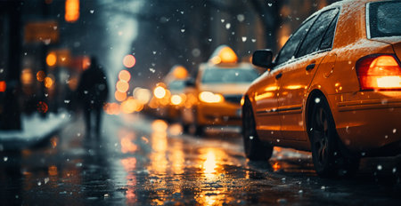 Night snowy Christmas American city New York, Manhattan area, New Year, blurred background AI...
