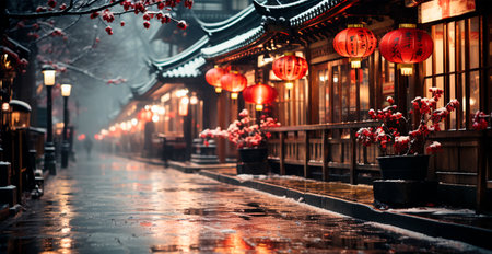 Night snowy Christmas Japan, New Year holiday, blurred background AI generated imageの写真素材