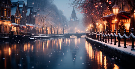 Night snowy Christmas Switzerland, New Year holiday, blurred background AI generated imageの写真素材