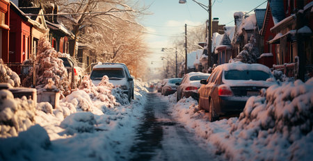 Night snowy Christmas town, New Year holiday, blurred background AI generated image