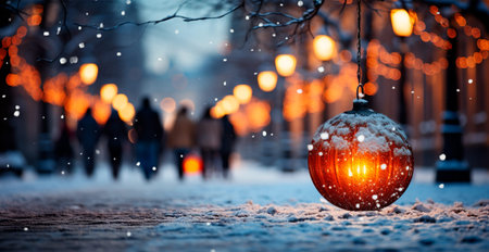 Night snowy Christmas town, New Year holiday, blurred background AI generated imageの写真素材