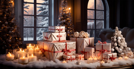 Christmas tree with New Year's gifts, family Christian home holiday AI generated imageの写真素材