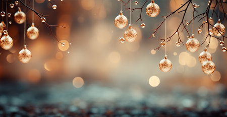 Panoramic Christmas background, light New Year balls on a blurred background AI generated imageの写真素材