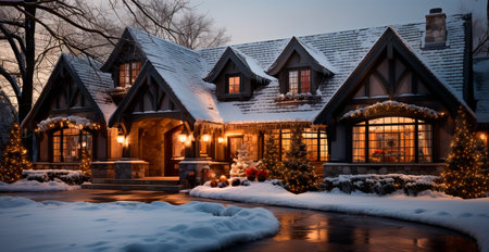Snowy Christmas country house AI generated imageの写真素材
