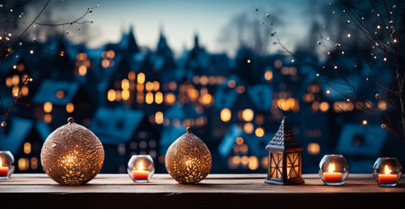 Christmas burning candle, blurred bokeh background, New Year AI generated image