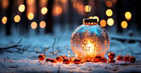 Christmas burning candle, blurred bokeh background, New Year AI generated imageの写真素材