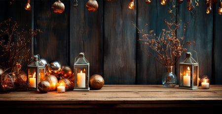 Christmas burning candle, blurred bokeh background, New Year AI generated imageの写真素材