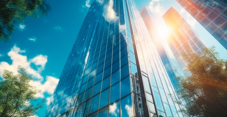 Financial district, business skyscraper, sun glare in the windows of the building AI generated imageの素材