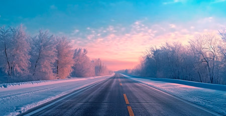 Road in the winter mountains in the background, snowy forest AI generated imageの素材