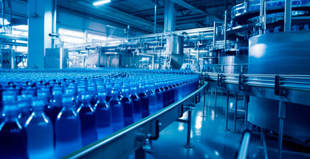 Beverage production process on a conveyor belt at a carbonated drink factory AI generated image