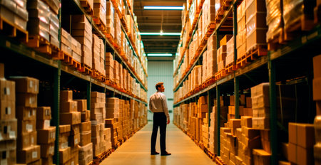 Large industrial warehouse with high racks, business logistics industry - AI generated imageの写真素材