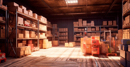 Large industrial warehouse with high racks, business logistics industry - AI generated image